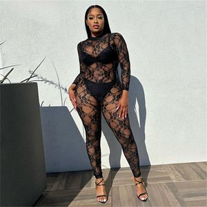 2024 Designer Mesh Jumpsuits Kvinnor Långärmad spetsar Rompers Spring Sexig Bodycon Printing Se genom Jumpsuits Clubwear grossistkläder 10660