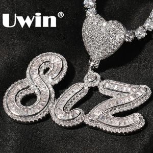 Ожерелья Uwin Custom Name Collece с сердечником с лизой из багеткца CZ Charms Tennis Chain Cursive The Charslate Countrice Модные украшения