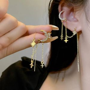 Korean Star Moon Tassel 14k Yellow Gold Earrings Feminine Style One Piece Earbone Clip Party Jewelry Accessories