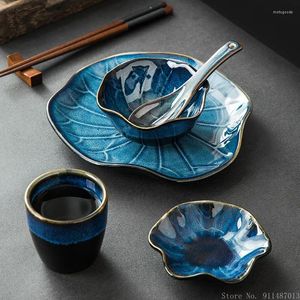 Dinnerware Sets Japanese Lotus Leaf Tableware El Table Retro Underglaze Color One-person Restaurant Spoons Cups Bowls Dinner Plate Set