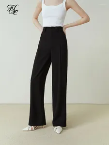 Pantaloni da donna FSLE Pantaloni casual larghi neri a gamba dritta per le donne Primavera Autunno Pantaloni a vita alta per pendolari Drappeggio Pantalone femminile