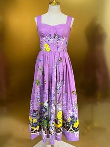 Projektantka mody kobiety bawełniana sukienka Summer Eleaghett Spaghetti Pasek Vintage Animal Flower Print Purple Party Midi Vestidos