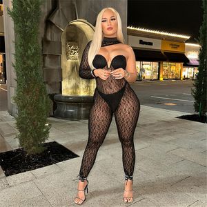 2024 Designer Mesh Jumpsuits Kobiety wydrążone w jednym rękawie Rompers Spring Seksowne kombinezony See Through Through Leggings Night Club noś Hurt Hurtowe ubrania 10652