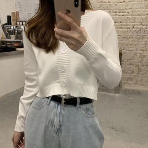Women's Knits 2024 Autumn Button V-Neck Crop Cardigan Sweater Women Winter Korean Solid Long-Sleeved Short Knitted Tops White Black Green