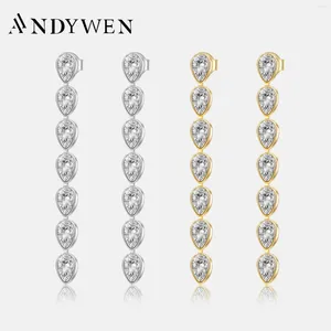 Dingle örhängen Andywen 925 Sterling Silver Gold Pear CZ Drop Line 43cm 3 5mm örhänge Women Luxury Wedding Crystal Fine Jewelry 2024 Gift