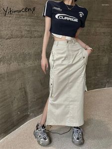 Gonne Yitimuceng Cargo a vita alta per le donne 2024 Moda Streetwear Gonna longuette divisa Chic Tasche solide Dritto Y2k