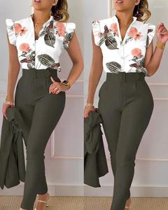 Calças femininas 2024 verão floral impressão 2 peça conjunto mulheres casual botão voando manga camisa terno feminino v-pescoço top cintura alta outifits