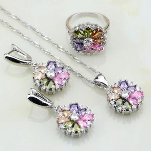 Sets 925 Silver Jewelry Flower Multicolor stones Jewelry Sets For Women Wedding Earrings/Pendant/Necklace/Rings