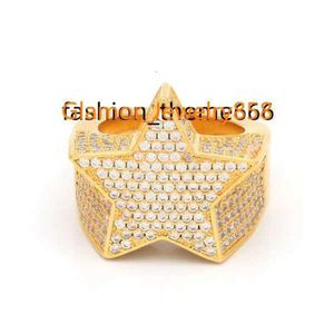 with Side Stones Mens Fashion Copper Gold Color Plated Exaggerate High Quality Iced Out Cz Stone Star Shape Ring Jewelry for Women