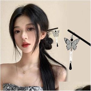 Hair Clips & Barrettes Hair Clips Elegant Trendy Ancient Style Butterfly Tassel Hairpin Chinese Light Luxury Wooden Exquisite Advance Dhzdb