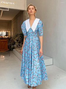 Sıradan Elbiseler Clacive Moda Çiçek Baskı Kadınlar 2024 Zarif Yakası Kısa Kollu Yüksek Bel Ofis ayak bileği uzunluğu elbise Kadın Giyim