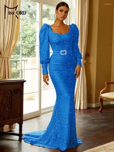 Casual Dresses Missord Blue Sequin Evening Elegant Women Sweetheart Neck Lantern Sleeve Belt Bodycon Party Prom Mermaid Hem Dress Gown