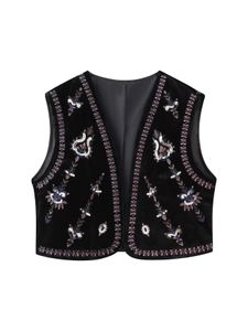 Kvinnor vintage paljetter blomma broderi kort sammet västjacka damer ärmlös casual cardigan waistcoat topps ct5465 240123