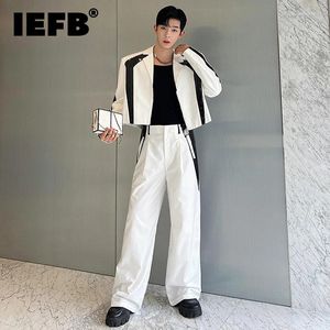 メンズスーツIEFB韓国スタイルラグジュアリーセットニッチ男性ブレザーPUレザースプレッチスーツスーツコートワイドレッグパンツ2ピースタイドメンウェア9C1614