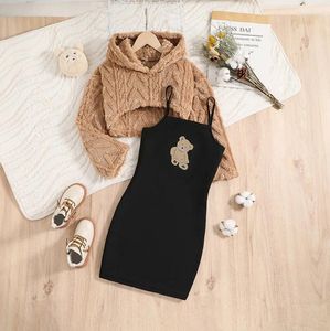 Conjuntos de roupas crianças roupas para meninas 2024 inverno crianças casual com capuz de pelúcia curto casaco tops urso impressão cami bodycon vestido