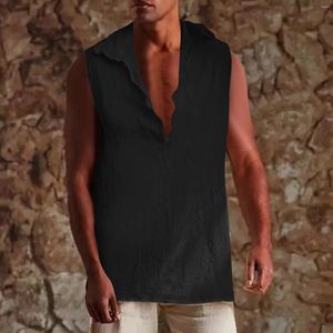 Regata masculina moda verão algodão linho casual sem mangas botão solto com decote em v bolso camisetas masculino streetwear