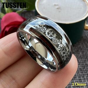 Anéis de casamento gota tussten 10mm homens mulheres anel de engrenagem legal faixa de tungstênio acabamento com incrustação de madeira conforto ajuste