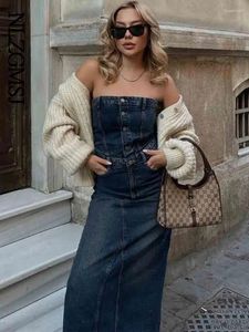 Casual klänningar nlzgmsj traf front split höft wrap kvinnor denim klänning elegant smal fit kvinnlig sexig stroppfria knappar bodycon midi