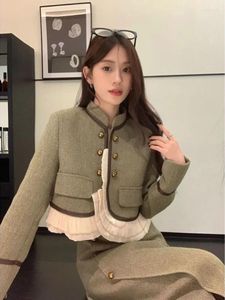 ツーピースドレスUNXX韓国秋の冬の甘いツイードスカートスーツ女性かわいいウールジャケットロンググリーンエレガントセットレディース2ピースシック