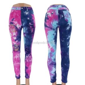 Women Casual Jeans Tie Dye Colored Ripped Distressed Knees Holes Fashional Design High Waist Pencil Pants High Quality