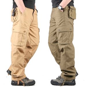 Calças de trabalho no exterior masculinas casuais versão coreana longa com vários bolsos tendência de ajuste reto e solto