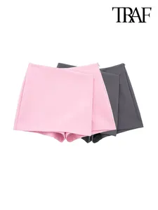 Shorts femininos traf mulheres moda assimétrica pareo estilo auto overlay saias vintage cintura alta lado zíper feminino skort mujer