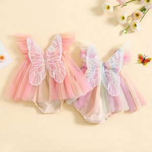 Infant Girl Rompers Dress Embroidery Butterfly Wing Fly Sleeve Rainbow Color Tulle Skirt Jumpsuits Clothes Baby Summer Clothing 240202