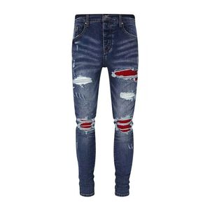 Designer Old Blue Dark Pants Hole Breaking Patch Micro Elastico Slim Fit Jeans da uomo Amiryes Youth Usa Plus Size