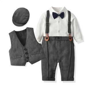 born Boy Formal Clothes Set Infant Boy Gentleman Birthday Romper Outfit With Hat Vest Long Sleeve Infant Jumpsuit Suit Formal 240123