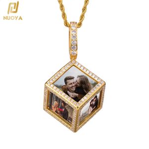 Design Custom Iced Out Cube Memory Zircon Picture Pendants Necklace Locket 3D Picture Frame Po Pendant 240119