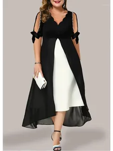 Plus Size Dresses Chiffon Panel Contrast Dress Woman Summer White And Black High Waist Maxi Long Fake 2 Pieces Elegant