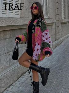 Damenjacken TRAF Frau verdicken floral bedruckte gesteppte Strickjacke Baumwollmantel Vintage 2024 O-Ausschnitt vorne offen Herbst High Street Streetwear