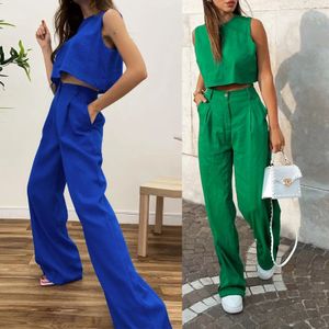Cotton Basic Top Pants Wide Leg Women Tank Top Vest Pants with Pocket Crew Neck Sleeveless Solid Color Zipper Vacation Outfit 240118