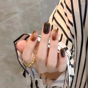 False Nails 24 Pieces Glossy Fake Gradient Brown Marble Design Short Square Press On With Jelly Glue Sticker For Girls Lady