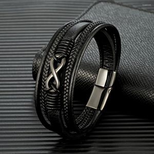 Charme pulseiras mkendn clássico homens infinito pulseira tecido multicamadas trançado couro para mulheres preto aço inoxidável jóias presentes