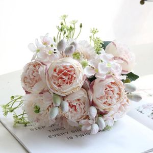 Fiori decorativi 30 cm Rose Pink Silk Bouquet Peony Artificiale 5 grandi teste 4 piccoli boccioli Sposa Decorazione domestica di nozze Fiori finti all'ingrosso