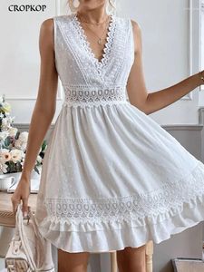 Casual Dresses Elegant Lace Stitching Short Dress Women Summer White Ruffle Sleeveless Beach Sundress Fashion V Neck In 2024