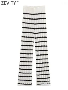 Women's Pants Zevity 2024 Women Fashion Striped Crochet Knitting Long Female Chic Elastic Waist Casual Slim Streetwear Trousers P4592
