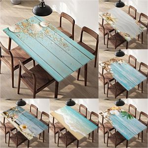 Table Cloth Board Wooden Rectangle Fitted Cover Elastic Edged Sea Ocean Seashells Starfish Nautical Waterproof For Dinning