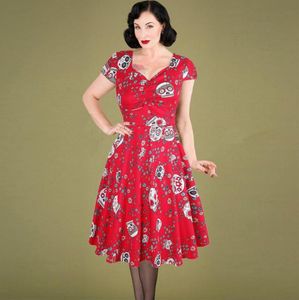 OTEN Halloween-Sommer-Skaterkleid, elegantes Vintage-Rotes Zuckerschädel-Blumenmuster, 50er-Jahre-Rockabilly-Abendparty, Kleider in Übergröße 213085240