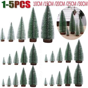 Christmas Decorations 1-5PCS Artificial Tree Pines Wooden Base Miniature Snow Pine Mini Decoration