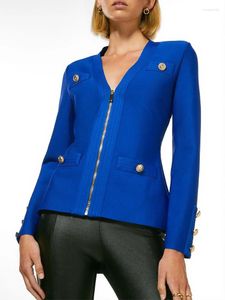 Kadın Ceketleri Pist Bandaj Ceket 2024 Sonbahar Kış Uzun Kollu Bodycon Kadın Mavi Seksi Parti Ceket Kulübü Kıyafetleri