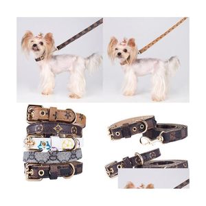 Colares de cachorro Leashes 5 estilos ajustáveis ​​pu couro pet colares moda letras imprimir flores antigas trelas para gato cão colar durável dhctq