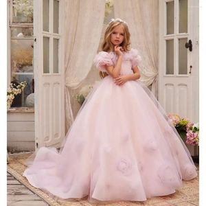 Girl Dresses Pink 3D Flowers Fashion Square Collar Floral Kids Wedding Party Gowns Elegant A-Line Pageant First Communion Dress