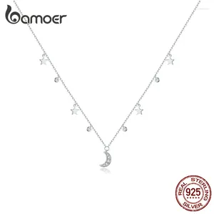 Hängen Bamoer Authentic 925 Sterling Silver White Moon Star Pendant Necklace For Women Chain Link Halsband smycken SCN420
