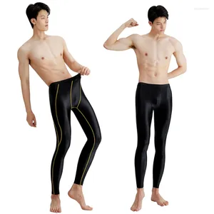 Erkek mayo seksi saten yağ parlak pantolon çıplak hızlı kurutma parlak yüzme spor yüksek elastik sörf tozluk