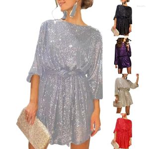 Casual Dresses Autumn Round Neck Mini Dress For Women Puff Long Sleeve Solid Color Glitter Sequins Belted Loose Fit Short