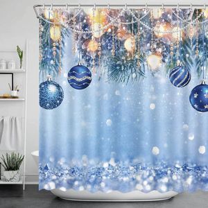 Cortinas de chuveiro cortina de natal para decorações de banheiro ganchos bolas azuis ramos de árvore de natal conjuntos de acessórios de banho de poliéster