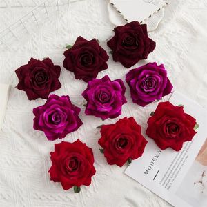 Flores decorativas 5 peças 10cm grande cabeça de rosa rolou pano de seda de veludo diy flor artificial corpete de noiva decoração de casamento para casa