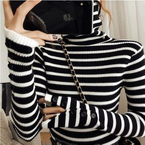 Women's Sweaters Striped Sweater Turtle Neck Women Autumn Winter Korean Fashion Slim Pullover Basic Top Soft Knit Long Sleeve Button